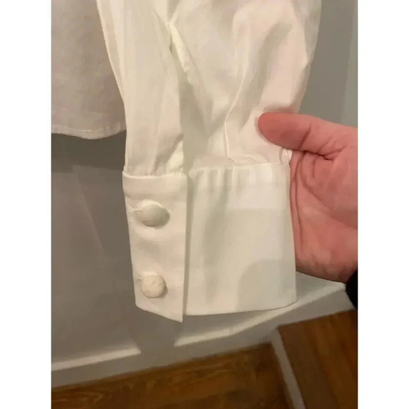 St. John White Tuxedo Front Ruffle Button Down Blouse, sz 6 - Picture 4 of 7